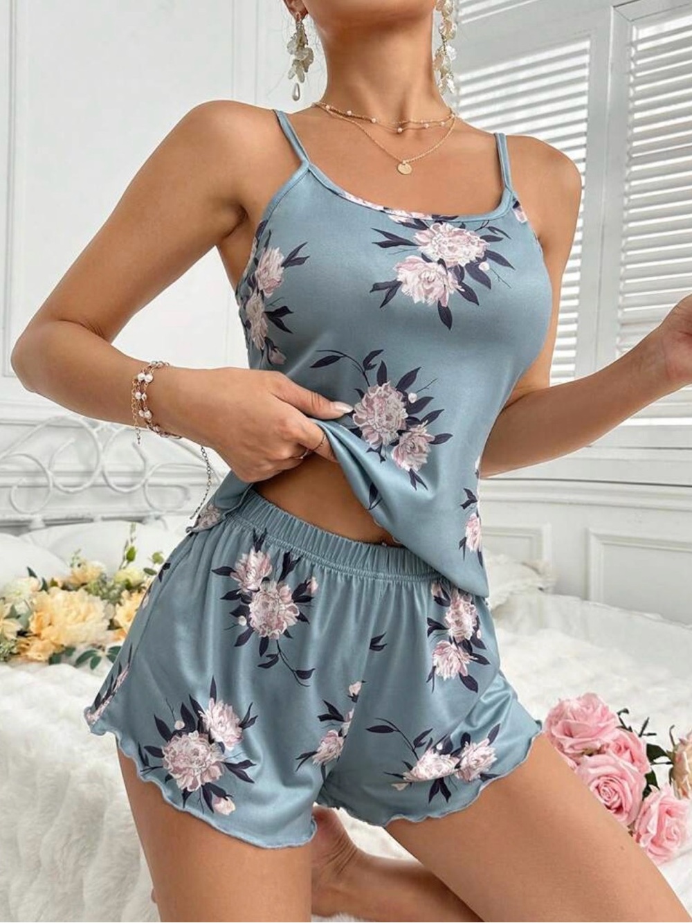 Blue Floral Satin Cami & Short Sleep Set - Women's Intimates- Size L